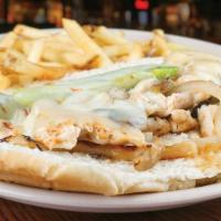 Blackened Chicken Philly · Blackened chicken grilled with onions, peppers, and mushrooms topped with melted Pepper-jack...