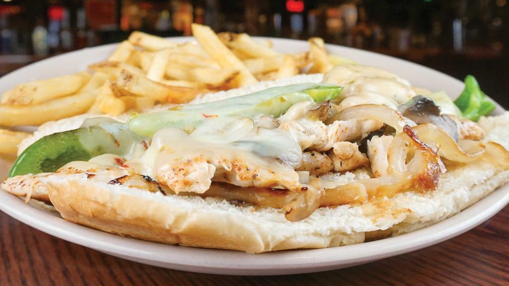 Blackened Chicken Philly · Blackened chicken grilled with onions, peppers, and mushrooms topped with melted Pepper-jack cheese.