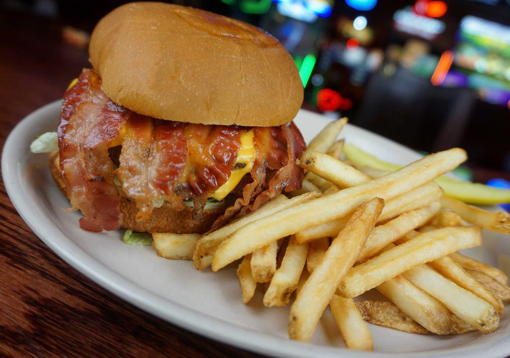 Bacon Cheese Burger · Five strips of bacon, American cheese, lettuce, tomato and mayo.