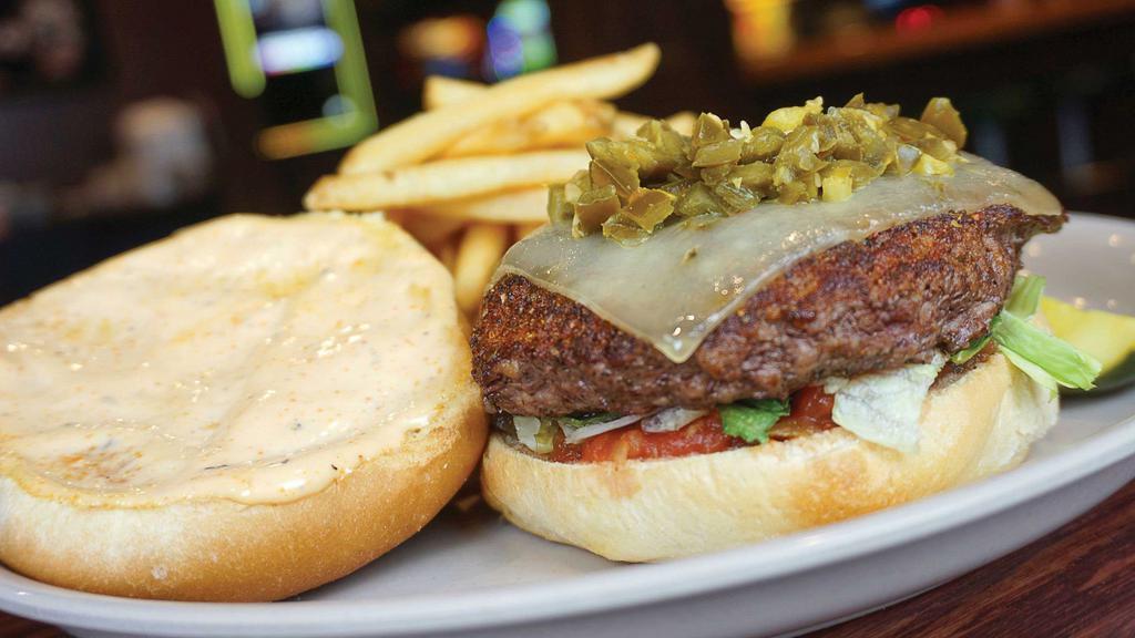 Firehouse Burger · Pepper-Jack cheese, jalapeños, spicy mayo, lettuce, tomato and tangy salsa.