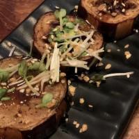 Eggplant Miso · Vegetarian. Fried Asian eggplant with miso, sesame seeds, and garlic chips.