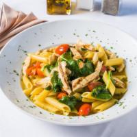 Penne Peppina · Penne with sliced grilled chicken, spinach, cherry tomatoes drenched in olive oil and garlic...