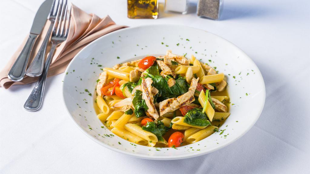 Penne Peppina · Penne with sliced grilled chicken, spinach, cherry tomatoes drenched in olive oil and garlic sauce.