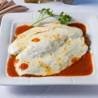 Pollo Parmigiana · Breast of chicken breaded pan fried topped with Parmesan cheese and tomato sauce.