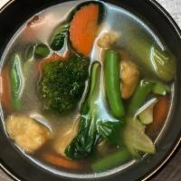 Vegan Tofu Soup · Mixed vegetable and tofu in clear soup.