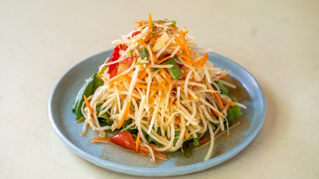 Papaya Salad · Medium. Green papaya, tomato, string bean, carrot with thai spicy lime dressing.