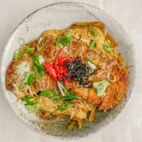 Katsu Don · Simmered pork cutlet and egg over rice.
