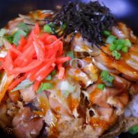 Oyako Don · Simmered chicken and egg over rice with teriyaki sauce.