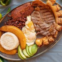 Bandeja Paisa · Red beans, white rice, sweet plantains, chicharon (pork), avocado, fried egg, chorizo, and s...