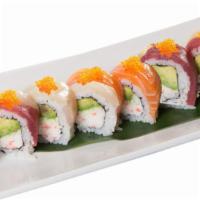 Rainbow Roll · California roll with tuna, salmon and white fish on top.