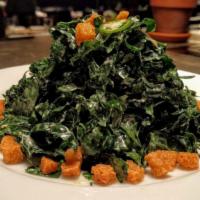 Organic Tuscan Kale Salad · Parmesan, Lemon, Green Chili and Sourdough Croutons