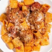 Rigatoni Pasta · Pork and Veal Meatballs, Smoked Chili-Tomato Ragu