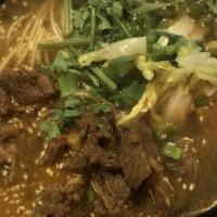Homemade Beef Stew Noodle · Spicy. Beef stew, scallion, Shanghai bok choy, and parsley.