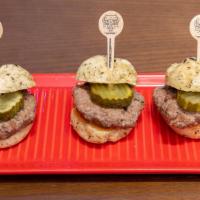 Sliders · Choice of beef, lamb or turkey sliders. Served with lettuce, tomato, and pickle. 3