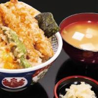 -1. Original Tendon Set · Miso soup, White Fish, 2shrimp, Soft-boiled egg, Seaweed, Shishito pepper, Pumpkin, Broccoli