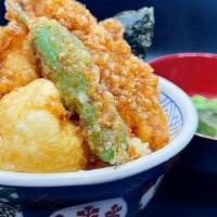 -9. Jumbo Shrimp Tendon Set · Jumbo Shrimp (Black Tiger Shrimp) 4pc, Soft boiled egg, Shishito pepper with Miso soup.