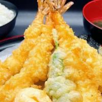 -19. Jumbo Shrimo Plate Set · Jumbo Shrimp(Black Tiger Shrimp) 4pc,. Soft boiled egg, Shishito pepper with Miso soup.