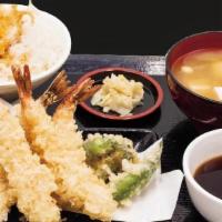 -15. Shrimp Plate Set · Miso soup, 4 shrimp, Soft-boiled egg, Seaweed, Shishito pepper, Pumpkin, Broccoli