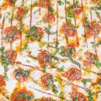 Margherita Pizza · Mozzarella cheese, basil, tomatoes and tomato sauce.