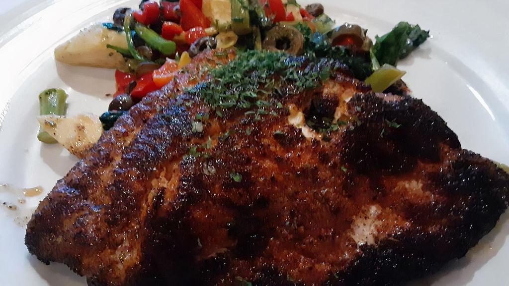 Blackened Red Snapper · Coated with Cajun spices served with a warm broccoli rabe salad with artichoke hearts, olives, roasted peppers, and garlicpepper and garlic.