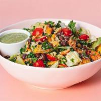 Peruvian Chicken Salad · alfalfa mix (romaine, butter lettuce, chopped kale), peruvian spiced chicken thighs, queso b...