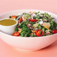 Greek Salad · alfalfa mix [kale, romaine, butter lettuce], cucumbers, grape tomatoes, quinoa mix, garbanzo...