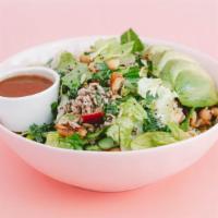 The Sunflower Salad · alfalfa mix [kale, romaine, butter lettuce], avocado, walnuts, garbanzo beans, apples, sunfl...