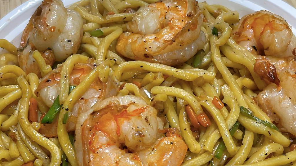 Shrimp Chow Mein · Shrimp Chow Mein contains onion, scallion, carrot, and snow pea all cutted very small with shrimp and stir-fried noodles .