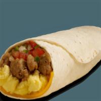 Burrito - Scrambled Eggs - Sausage · Contains: Cheddar, Fresh Salsa, Scrambled Eggs, Crumbled Sausage, Tortilla Burrito