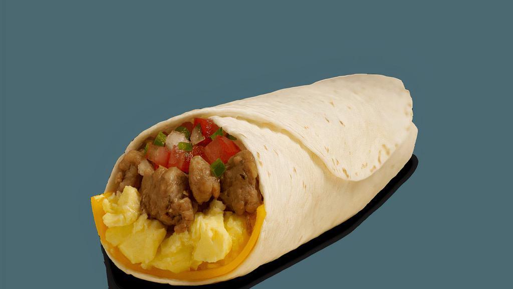 Burrito - Scrambled Eggs - Sausage · Contains: Cheddar, Scrambled Eggs, Crumbled Sausage, Tortilla Burrito
