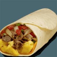 Burrito - Scrambled Eggs - Beef · Contains: Cheddar, Beef Steak, Fresh Salsa, Scrambled Eggs, Tortilla Burrito