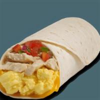 Burrito - Scrambled Eggs - Chicken · Contains: Cheddar, Chicken Steak, Fresh Salsa, Scrambled Eggs, Tortilla Burrito