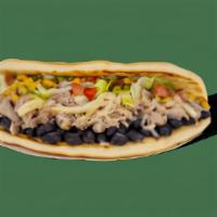 Chalupas - Signature Recipes - Cheesy Pork And Beans · Contains: Cheddar Cheese Sauce, Lettuce, Fire Roasted Corn, Black Beans, Adobo Seasoning, Pu...
