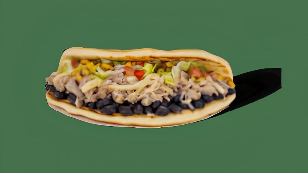 Chalupas - Signature Recipes - Cheesy Pork And Beans · Contains: Cheddar Cheese Sauce, Lettuce, Fire Roasted Corn, Black Beans, Adobo Seasoning, Pulled Pork, Pita