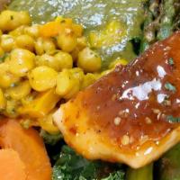 Vegan Bowl · Seasonal veggies, callaloo, curry chickpeas, kale salad over seasoned rice. add shrimp, salm...