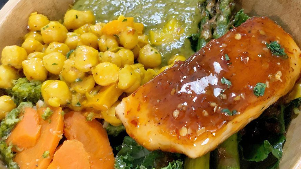 Vegan Bowl · Seasonal veggies, callaloo, curry chickpeas, kale salad over seasoned rice. add shrimp, salmon for an additional charge.