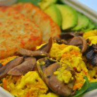 Breakfast Platter · Tofu Scramble, avocado, spinach, mushroom and hash-brown, topped with hollandaise sauce (con...