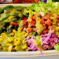 Veggie Burrito Bowl · Veggie mix and rice, Black beans, Pico de gallo, Corn, Lettuce. Salsa verde hot or mild.