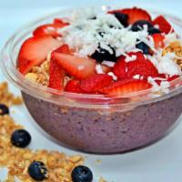 Acai Bowl · Organic Acai, blueberries, banana,  mango and soy milk.   toppings  with Vegan  Org. granola...