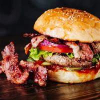 Bacon Burger · Juicy 8 oz all-beef patty and crispy bacon served between toasted sesame buns.