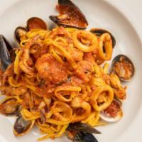 Linguini Pescatora · Shrimp, mussels, clams, and calamari.