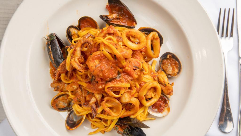 Linguini Pescatora · Shrimp, mussels, clams, and calamari.