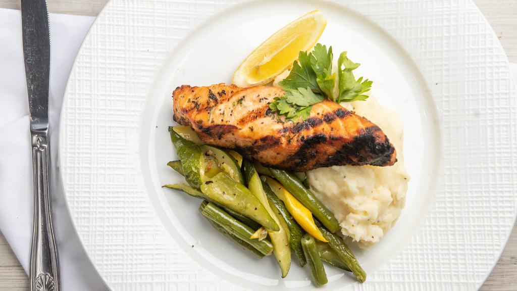 Grilled Salmon · Grill salmon serve with mashed potato and veg.