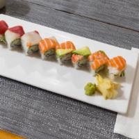 Rainbow Roll · Crab, cucumber wrapped with raw fish and avocado.