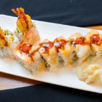 Rock Shrimp Roll · Shrimp Tempura w/ Cucumber Inside. Topped with Sushi Shrimp, Sriracha, Spicy Mayo & Sweet Sh...