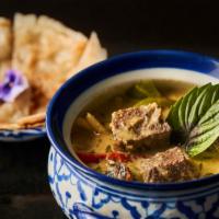 Braised Beef Green Curry With Thai Roti Bread · Grandma's recipe. Green curry with coconut milk, Thai eggplant, bell pepper, bamboo shoots, ...