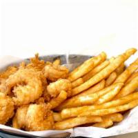 Shrimp Bites / 한입새우튀김 · Golden fried whole shrimp (13pcs) with French fries