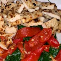 Mike'S Special · Two pieces of grilled chicken and sautéed spinach with garlic, olive oil and roasted red pep...