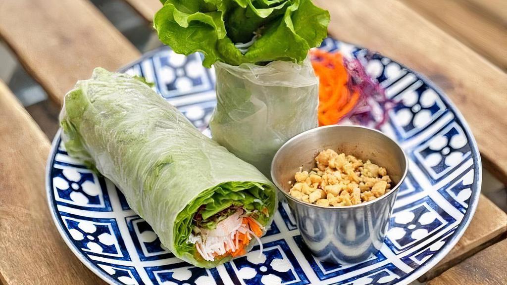 A-14 Summer Roll · Rice noodles, lettuce, carrot, cucumber, basil, and shrimp in soft rice paper wrap served with spicy Hoisin sauce and ground peanut. **If you need plastic utensils, please request.**