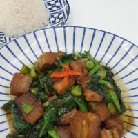M-1 Crispy Pork Belly · Choice of:Kana - sautéed with Chinese broccoli in garlic brown sauce.Prik Khing - string bea...